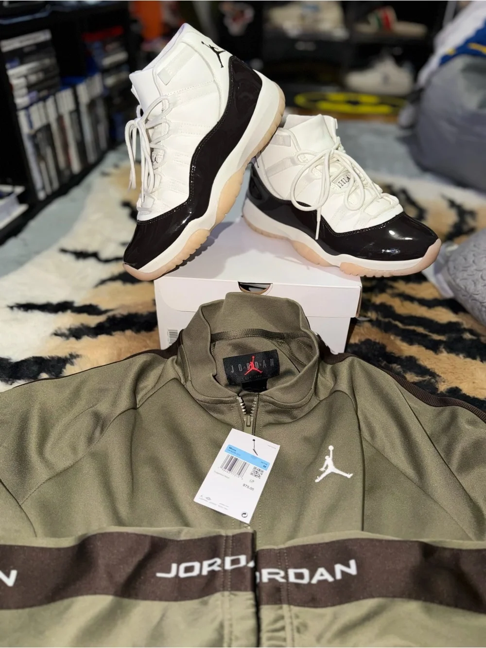 Jordan Men’s Air Jordan 11 Retro - Brown/White & olive Jordan sweater lot of 2